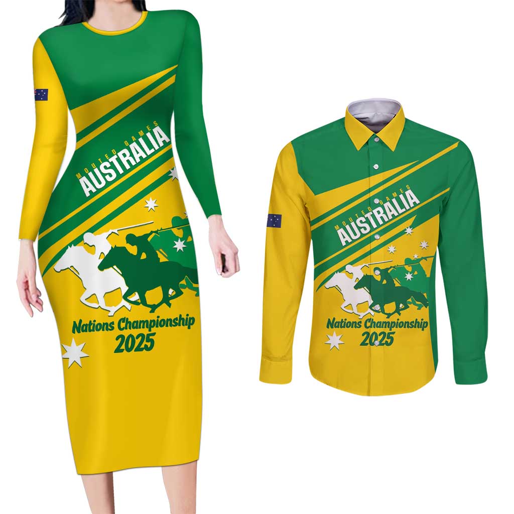 Personalised Mounted Games Australia Couples Matching Long Sleeve Bodycon Dress and Long Sleeve Button Shirt Nations 2025 Championship National Color - Aussie Hoodie