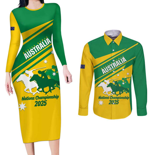 Personalised Mounted Games Australia Couples Matching Long Sleeve Bodycon Dress and Long Sleeve Button Shirt Nations 2025 Championship National Color - Aussie Hoodie