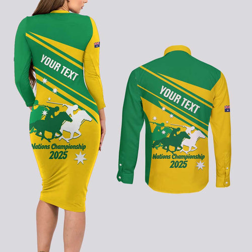 Personalised Mounted Games Australia Couples Matching Long Sleeve Bodycon Dress and Long Sleeve Button Shirt Nations 2025 Championship National Color - Aussie Hoodie