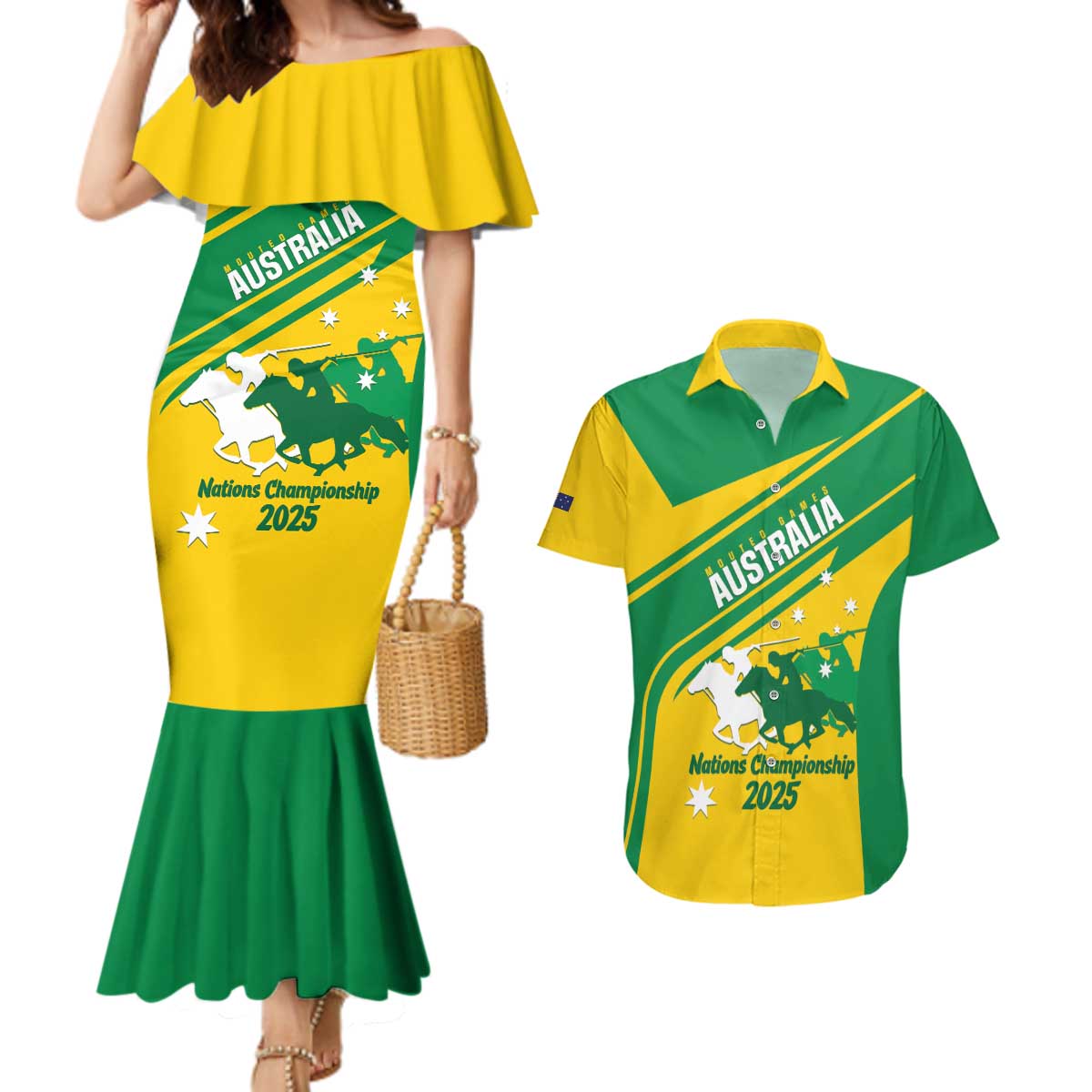 Personalised Mounted Games Australia Couples Matching Mermaid Dress and Hawaiian Shirt Nations 2025 Championship National Color - Aussie Hoodie