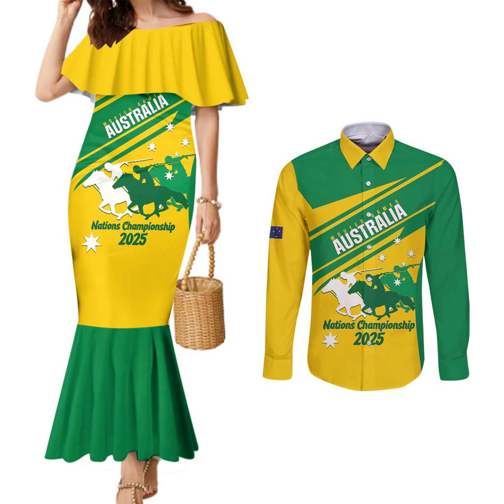 Personalised Mounted Games Australia Couples Matching Mermaid Dress and Long Sleeve Button Shirt Nations 2025 Championship National Color - Aussie Hoodie