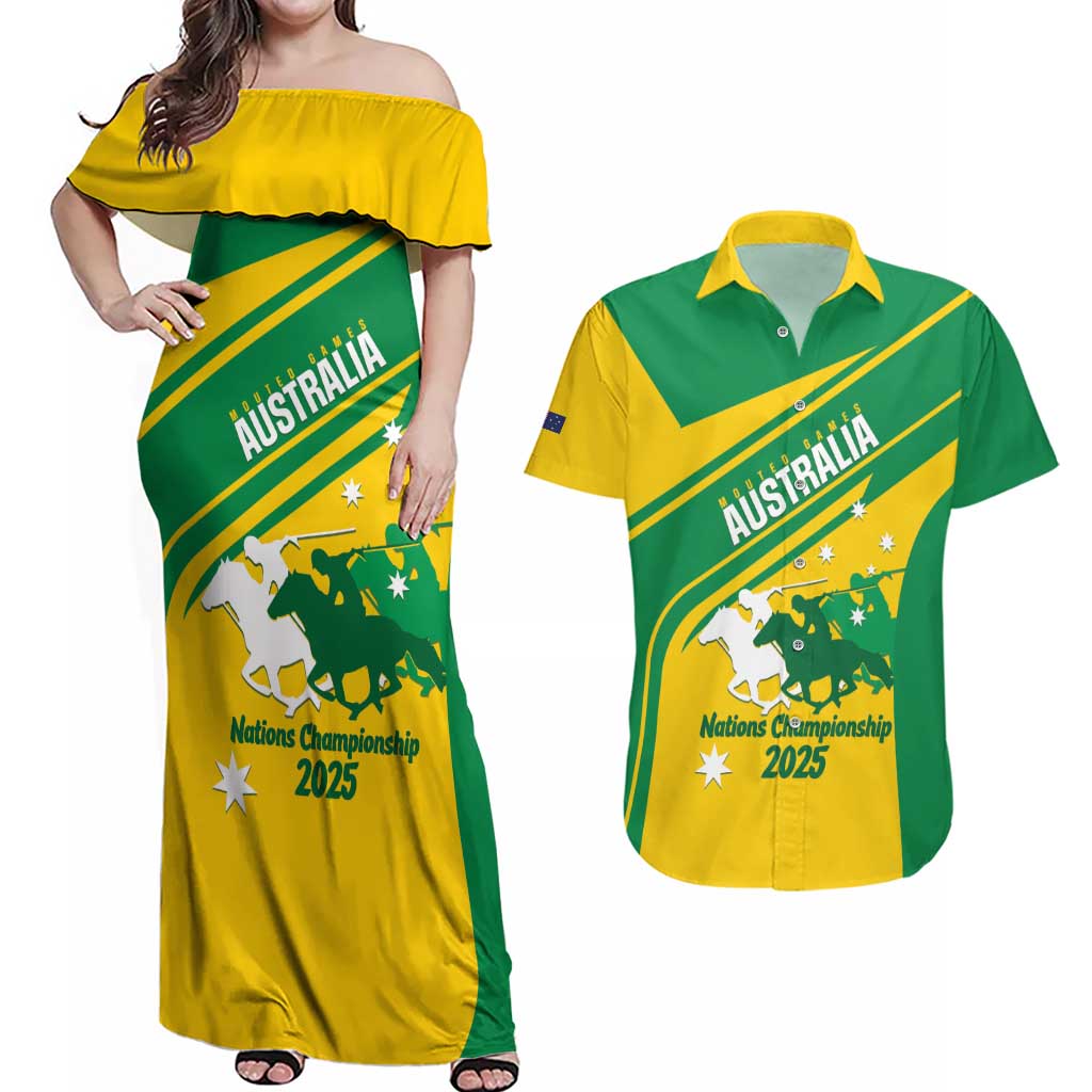 Personalised Mounted Games Australia Couples Matching Off Shoulder Maxi Dress and Hawaiian Shirt Nations 2025 Championship National Color - Aussie Hoodie