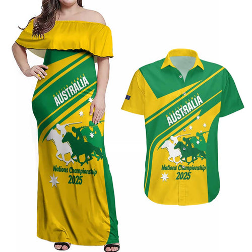 Personalised Mounted Games Australia Couples Matching Off Shoulder Maxi Dress and Hawaiian Shirt Nations 2025 Championship National Color - Aussie Hoodie