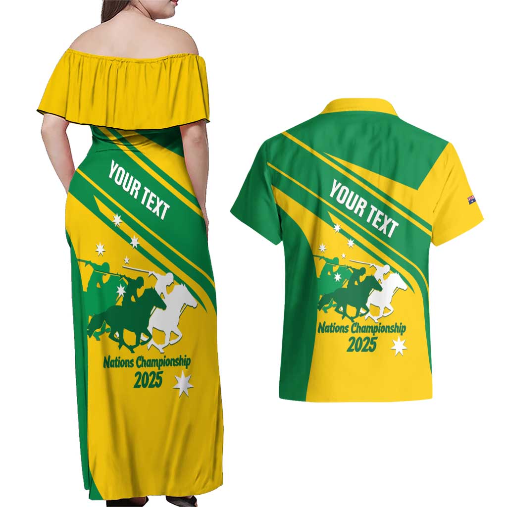 Personalised Mounted Games Australia Couples Matching Off Shoulder Maxi Dress and Hawaiian Shirt Nations 2025 Championship National Color - Aussie Hoodie