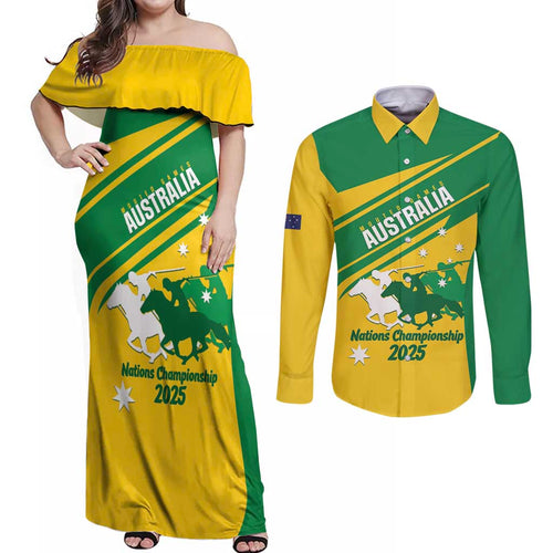 Personalised Mounted Games Australia Couples Matching Off Shoulder Maxi Dress and Long Sleeve Button Shirt Nations 2025 Championship National Color - Aussie Hoodie