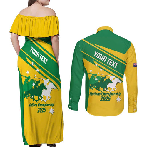 Personalised Mounted Games Australia Couples Matching Off Shoulder Maxi Dress and Long Sleeve Button Shirt Nations 2025 Championship National Color - Aussie Hoodie