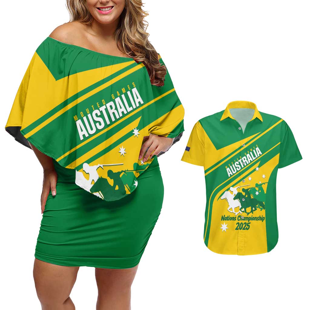 Personalised Mounted Games Australia Couples Matching Off Shoulder Short Dress and Hawaiian Shirt Nations 2025 Championship National Color - Aussie Hoodie