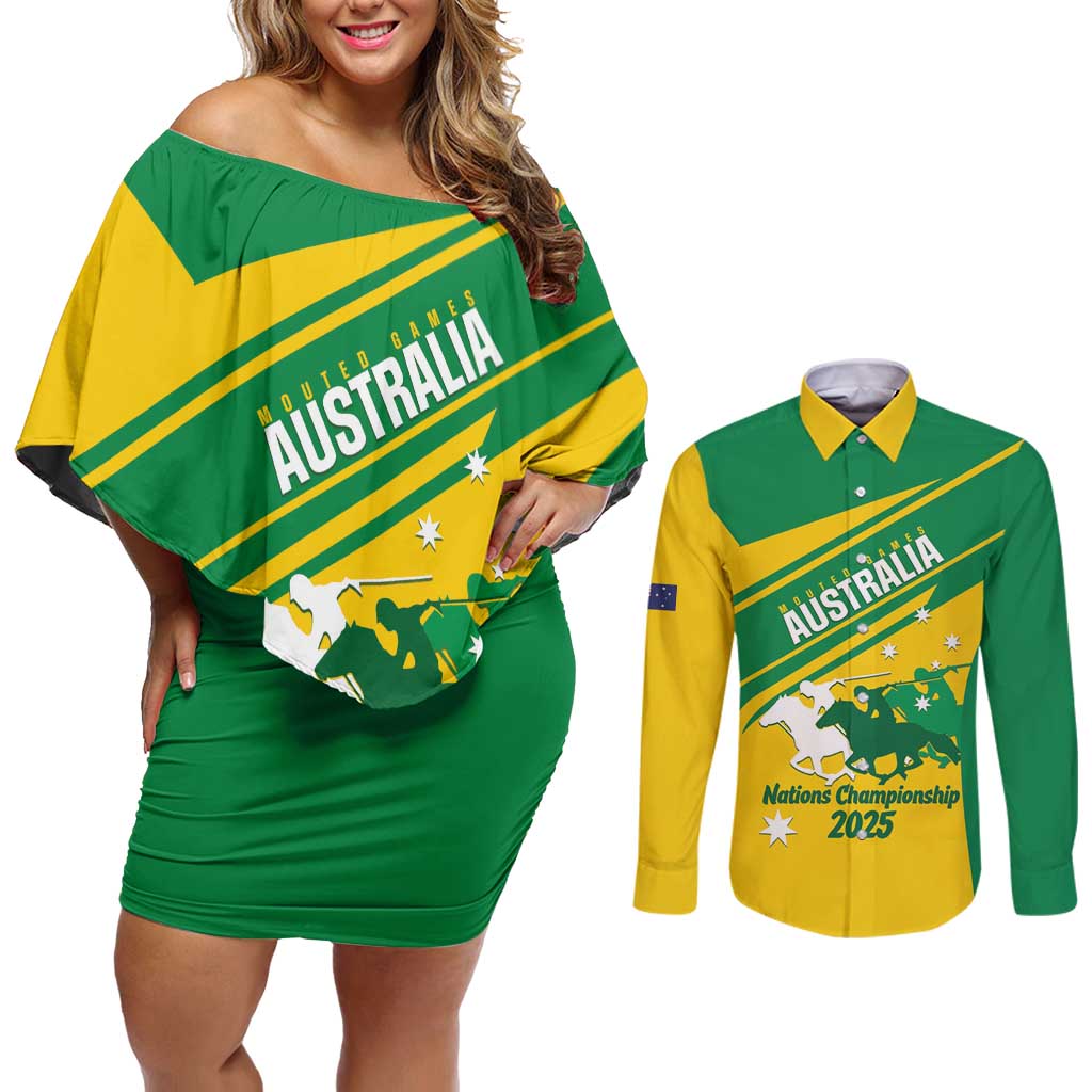 Personalised Mounted Games Australia Couples Matching Off Shoulder Short Dress and Long Sleeve Button Shirt Nations 2025 Championship National Color - Aussie Hoodie
