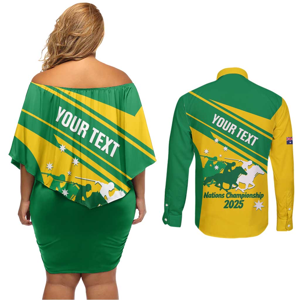 Personalised Mounted Games Australia Couples Matching Off Shoulder Short Dress and Long Sleeve Button Shirt Nations 2025 Championship National Color - Aussie Hoodie