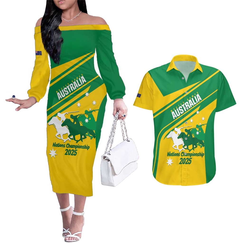 Personalised Mounted Games Australia Couples Matching Off The Shoulder Long Sleeve Dress and Hawaiian Shirt Nations 2025 Championship National Color - Aussie Hoodie
