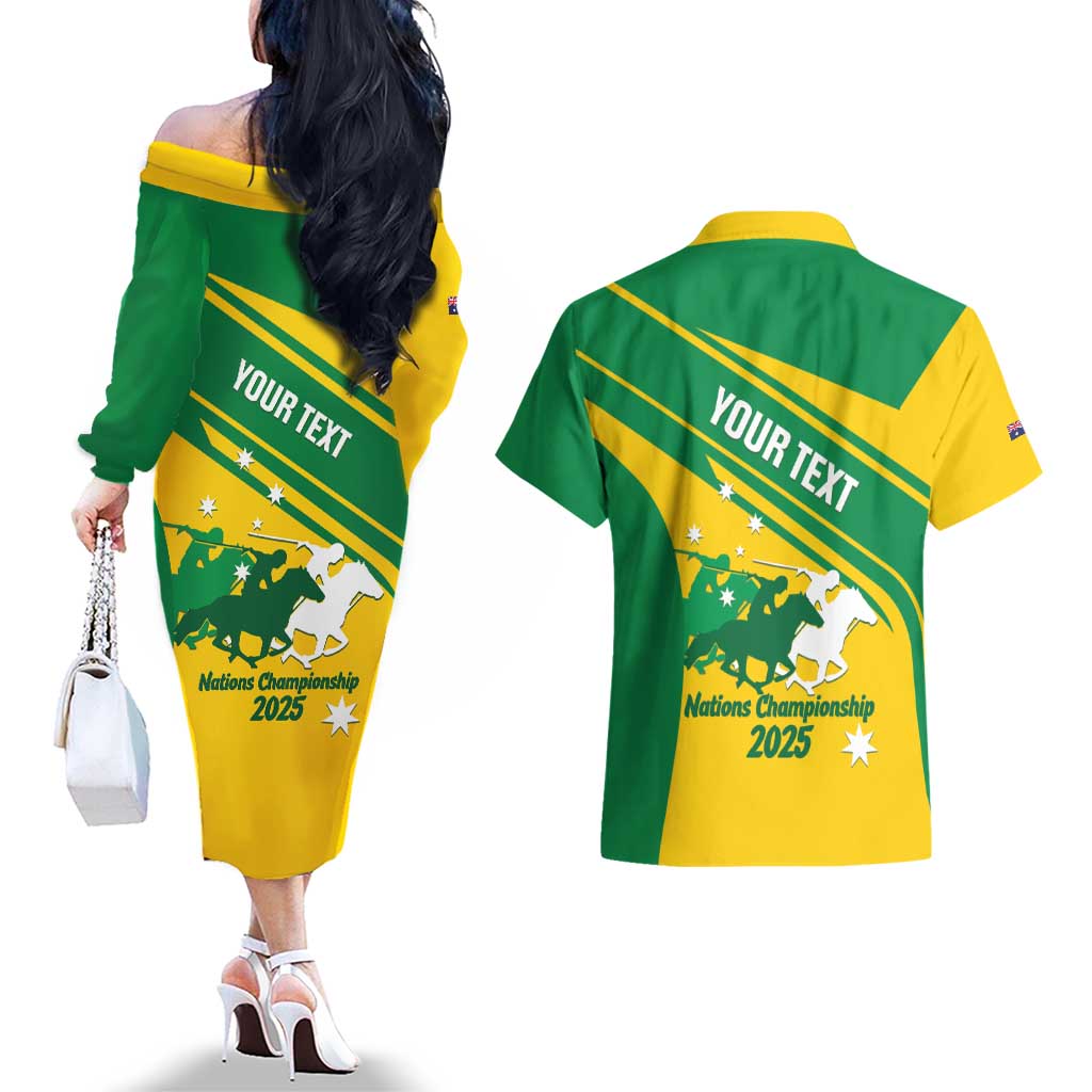 Personalised Mounted Games Australia Couples Matching Off The Shoulder Long Sleeve Dress and Hawaiian Shirt Nations 2025 Championship National Color - Aussie Hoodie