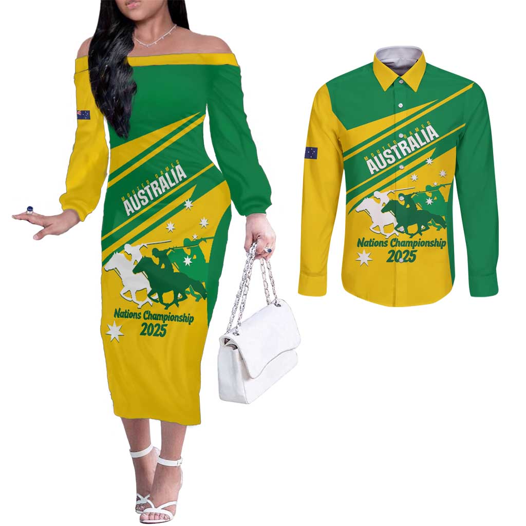 Personalised Mounted Games Australia Couples Matching Off The Shoulder Long Sleeve Dress and Long Sleeve Button Shirt Nations 2025 Championship National Color - Aussie Hoodie