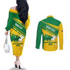 Personalised Mounted Games Australia Couples Matching Off The Shoulder Long Sleeve Dress and Long Sleeve Button Shirt Nations 2025 Championship National Color - Aussie Hoodie