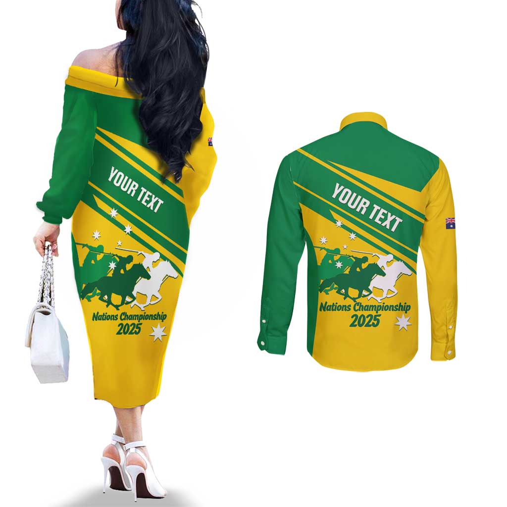 Personalised Mounted Games Australia Couples Matching Off The Shoulder Long Sleeve Dress and Long Sleeve Button Shirt Nations 2025 Championship National Color - Aussie Hoodie