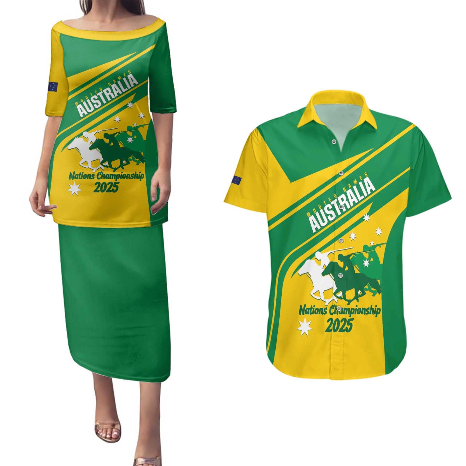 Personalised Mounted Games Australia Couples Matching Puletasi and Hawaiian Shirt Nations 2025 Championship National Color - Aussie Hoodie