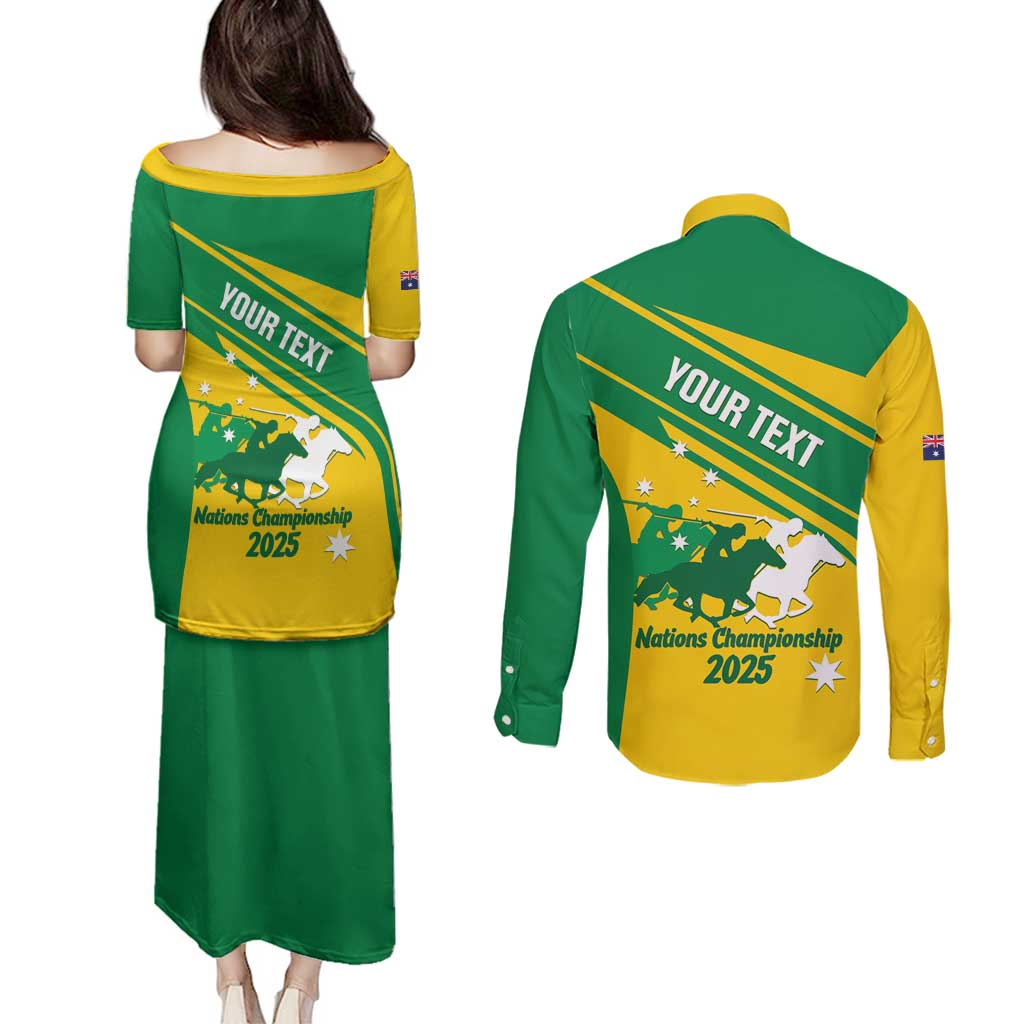 Personalised Mounted Games Australia Couples Matching Puletasi and Long Sleeve Button Shirt Nations 2025 Championship National Color - Aussie Hoodie