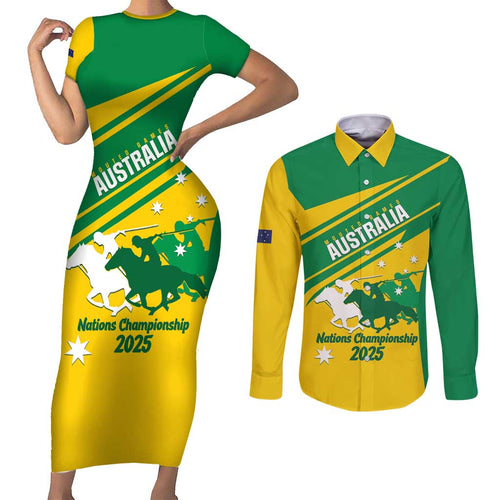 Personalised Mounted Games Australia Couples Matching Short Sleeve Bodycon Dress and Long Sleeve Button Shirt Nations 2025 Championship National Color - Aussie Hoodie