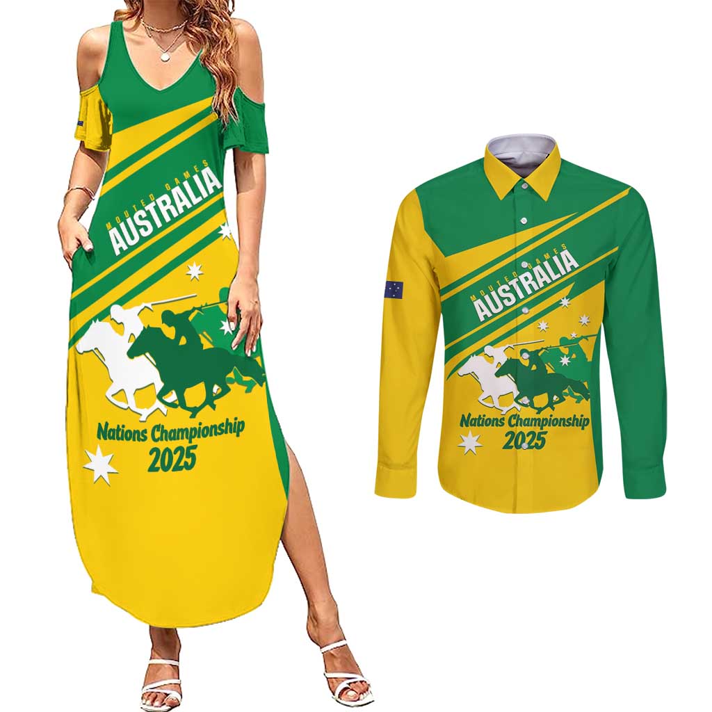 Personalised Mounted Games Australia Couples Matching Summer Maxi Dress and Long Sleeve Button Shirt Nations 2025 Championship National Color - Aussie Hoodie