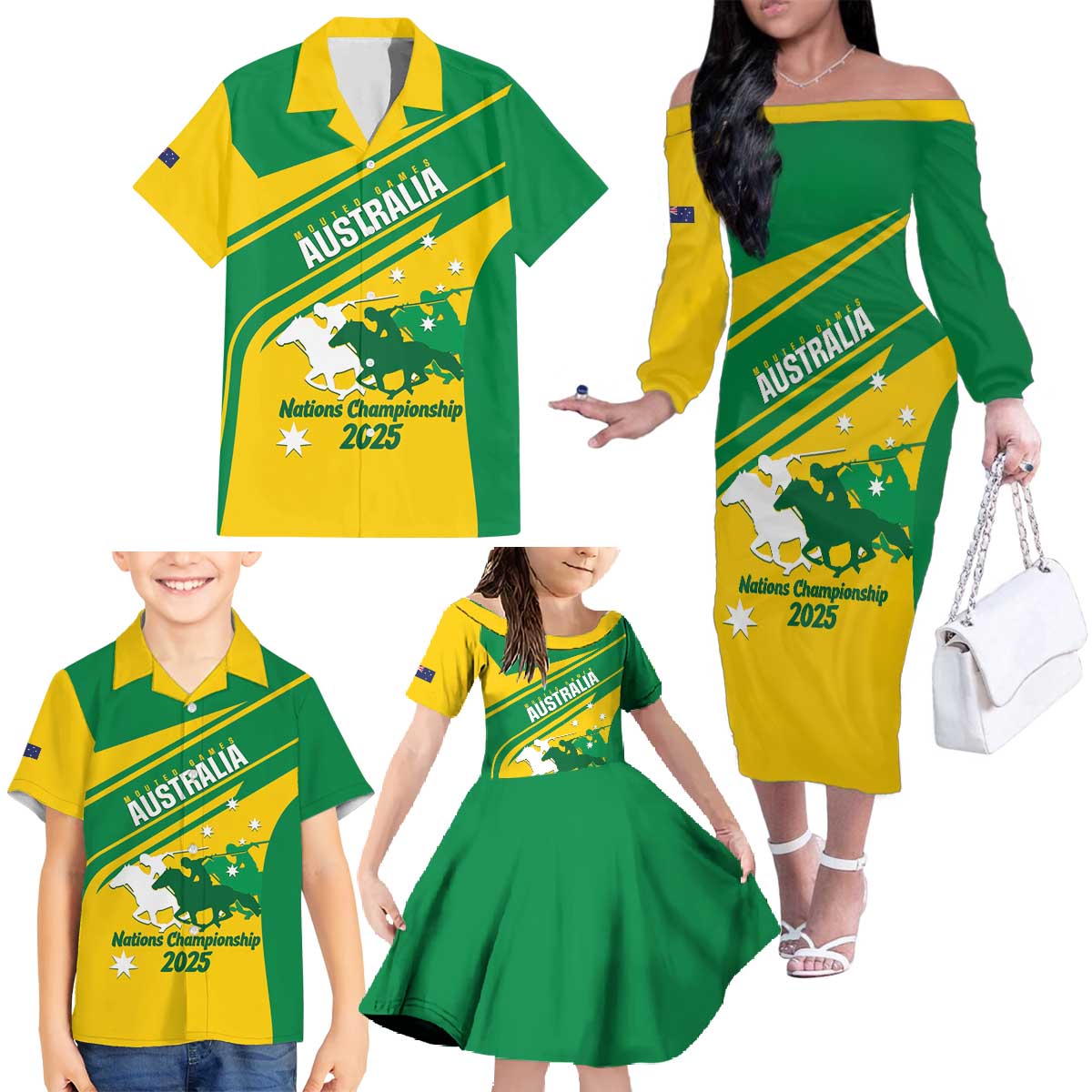 Personalised Mounted Games Australia Family Matching Off The Shoulder Long Sleeve Dress and Hawaiian Shirt Nations 2025 Championship National Color - Aussie Hoodie