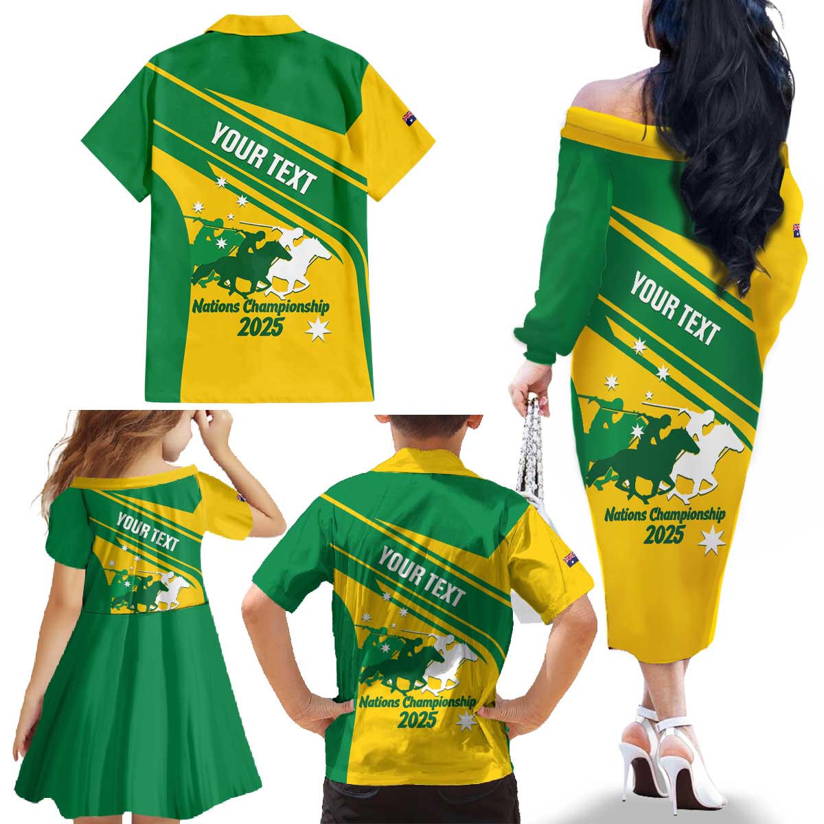 Personalised Mounted Games Australia Family Matching Off The Shoulder Long Sleeve Dress and Hawaiian Shirt Nations 2025 Championship National Color - Aussie Hoodie