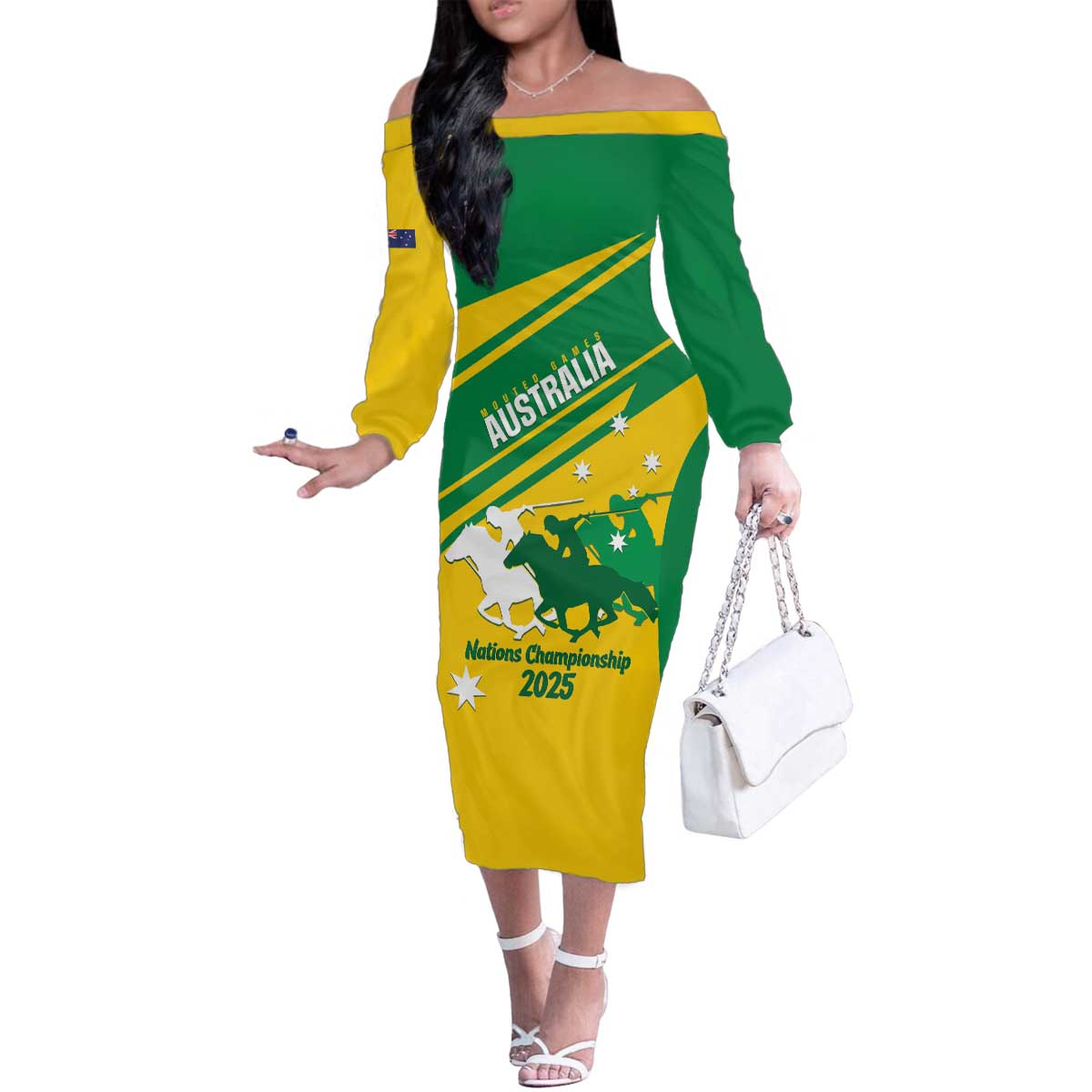 Personalised Mounted Games Australia Family Matching Off The Shoulder Long Sleeve Dress and Hawaiian Shirt Nations 2025 Championship National Color - Aussie Hoodie