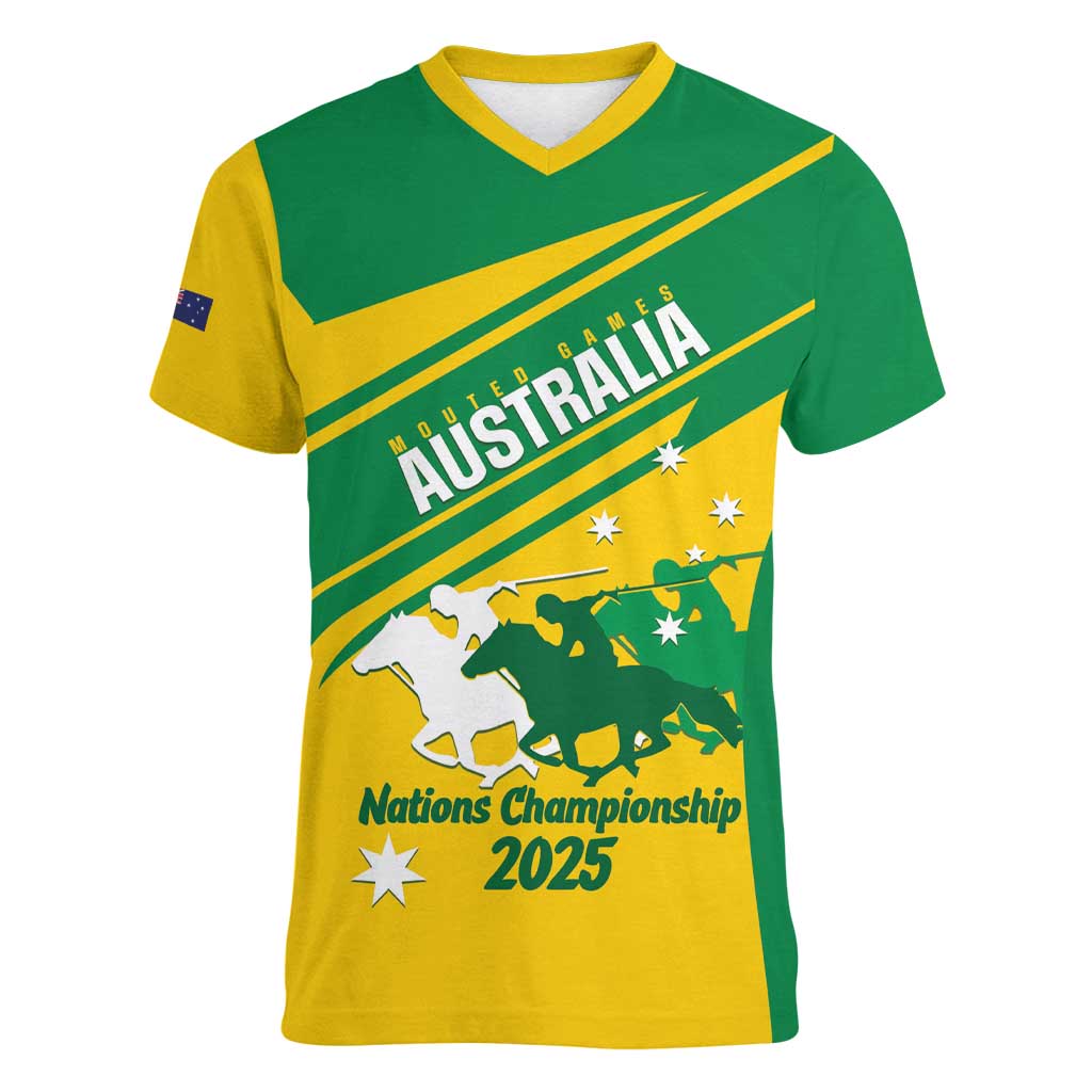 Personalised Mounted Games Australia Women V-Neck T-Shirt Nations 2025 Championship National Color - Aussie Hoodie