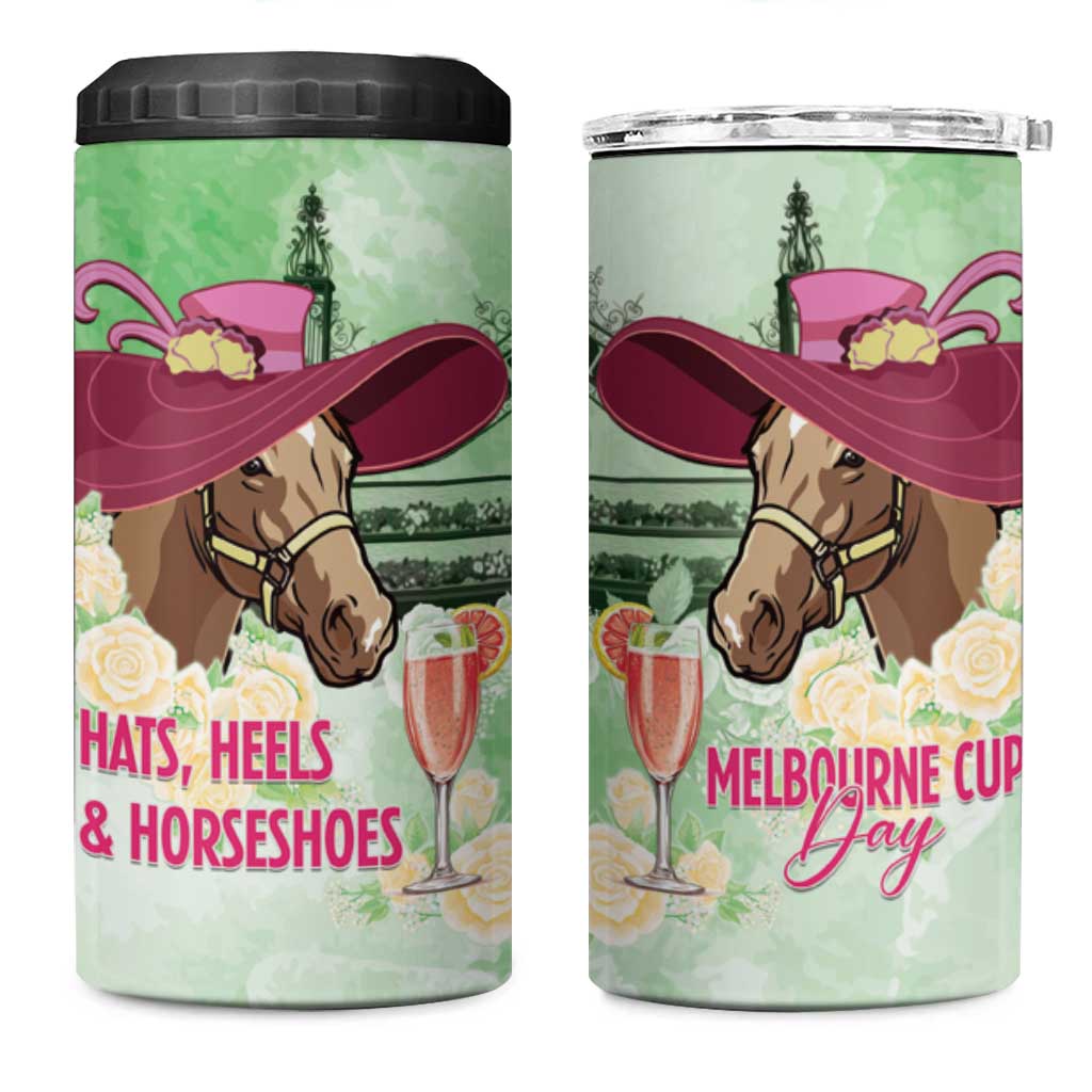 Australia Cup Melbourne Horse Racing 4 in 1 Can Cooler Tumbler Hats Heels & Horseshoes Yellow Roses - Aussie Hoodie