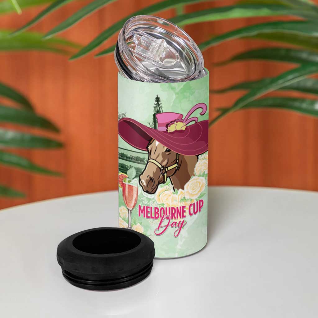 Australia Cup Melbourne Horse Racing 4 in 1 Can Cooler Tumbler Hats Heels & Horseshoes Yellow Roses - Aussie Hoodie