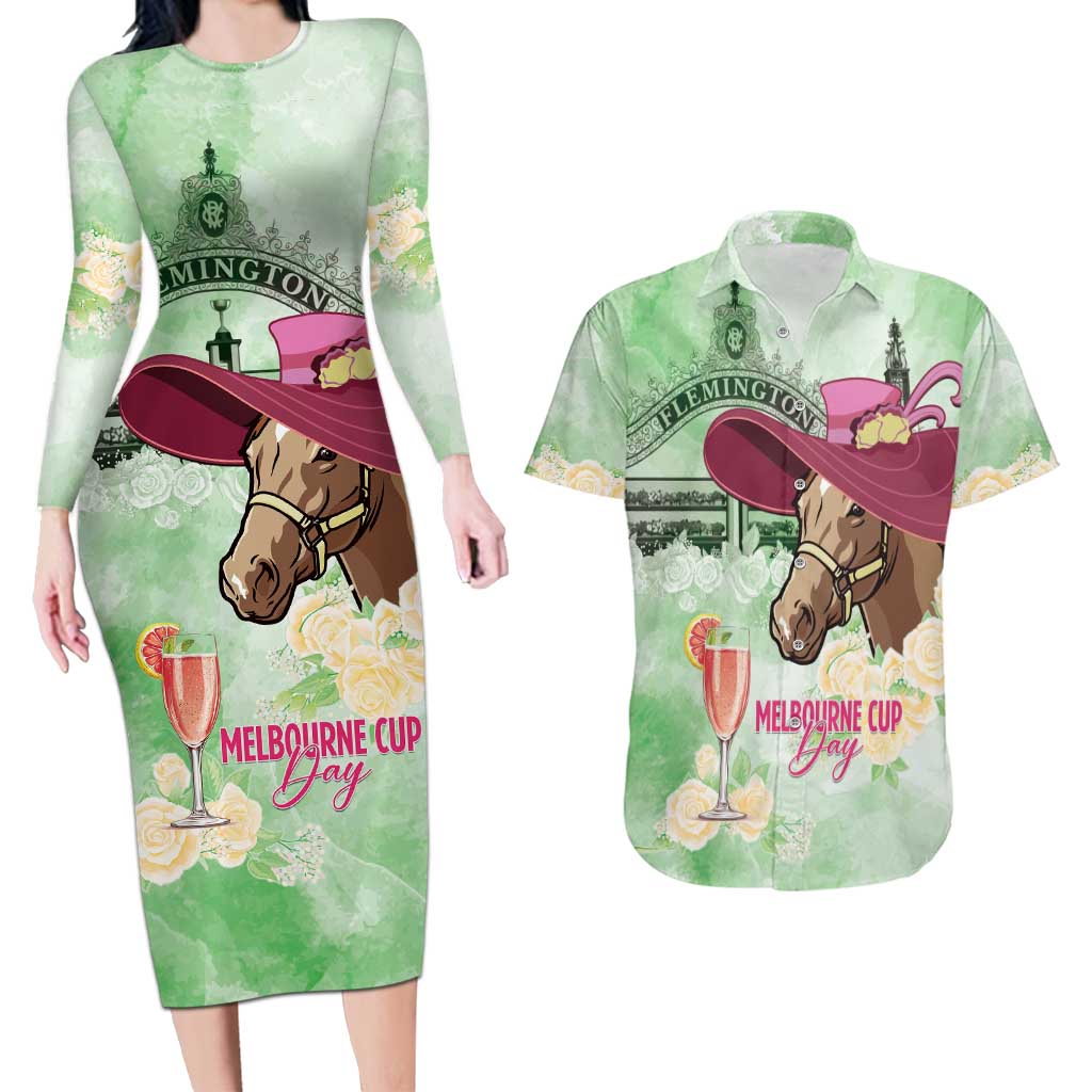 Australia Cup Melbourne Horse Racing Couples Matching Long Sleeve Bodycon Dress and Hawaiian Shirt Hats Heels & Horseshoes Yellow Roses - Aussie Hoodie