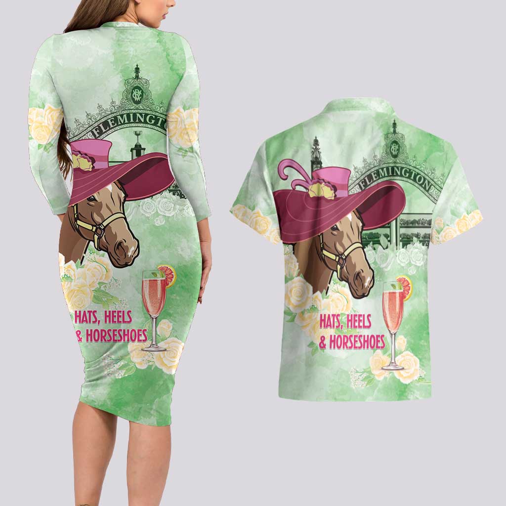 Australia Cup Melbourne Horse Racing Couples Matching Long Sleeve Bodycon Dress and Hawaiian Shirt Hats Heels & Horseshoes Yellow Roses - Aussie Hoodie