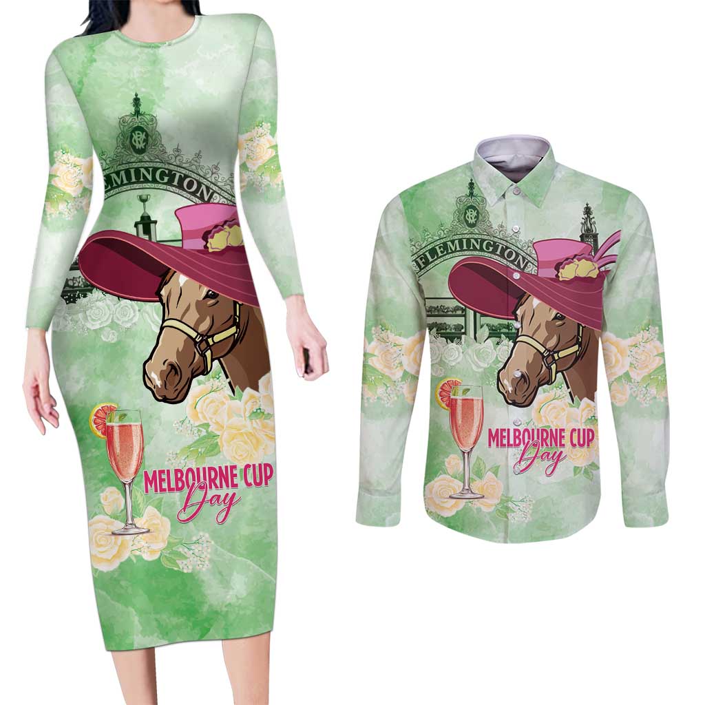 Australia Cup Melbourne Horse Racing Couples Matching Long Sleeve Bodycon Dress and Long Sleeve Button Shirt Hats Heels & Horseshoes Yellow Roses - Aussie Hoodie