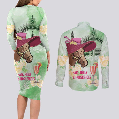 Australia Cup Melbourne Horse Racing Couples Matching Long Sleeve Bodycon Dress and Long Sleeve Button Shirt Hats Heels & Horseshoes Yellow Roses - Aussie Hoodie