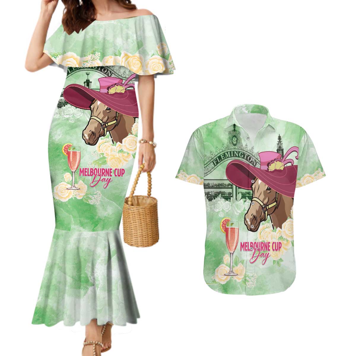 Australia Cup Melbourne Horse Racing Couples Matching Mermaid Dress and Hawaiian Shirt Hats Heels & Horseshoes Yellow Roses - Aussie Hoodie