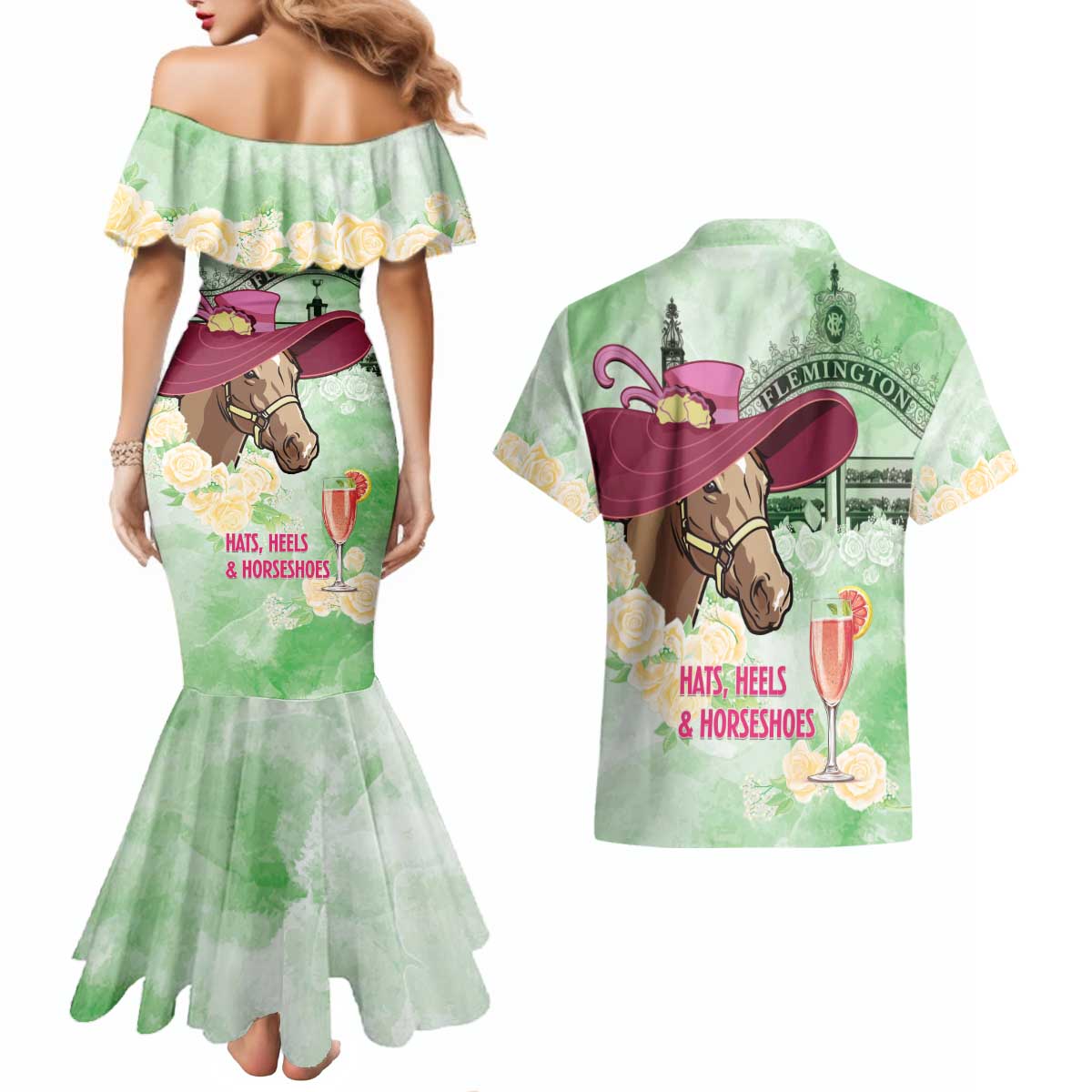 Australia Cup Melbourne Horse Racing Couples Matching Mermaid Dress and Hawaiian Shirt Hats Heels & Horseshoes Yellow Roses - Aussie Hoodie
