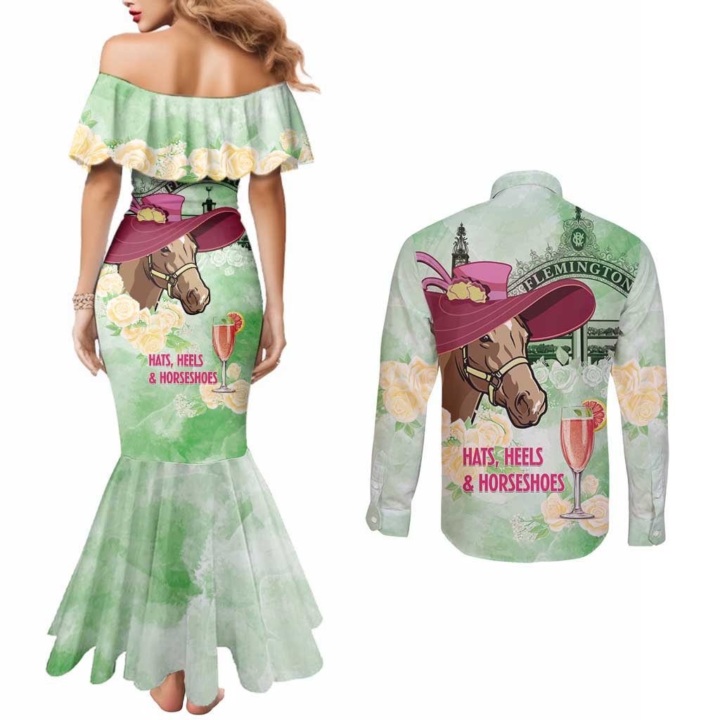 Australia Cup Melbourne Horse Racing Couples Matching Mermaid Dress and Long Sleeve Button Shirt Hats Heels & Horseshoes Yellow Roses - Aussie Hoodie