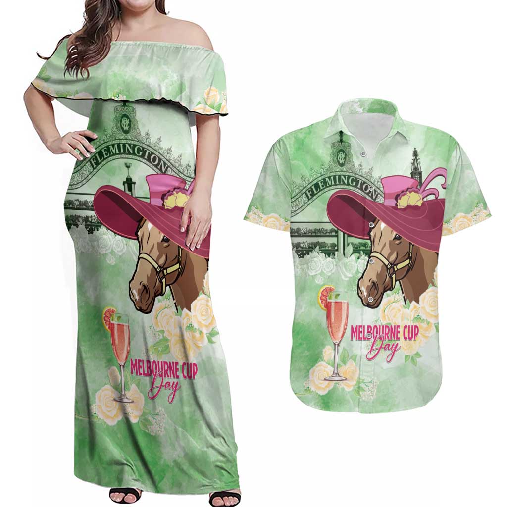 Australia Cup Melbourne Horse Racing Couples Matching Off Shoulder Maxi Dress and Hawaiian Shirt Hats Heels & Horseshoes Yellow Roses - Aussie Hoodie