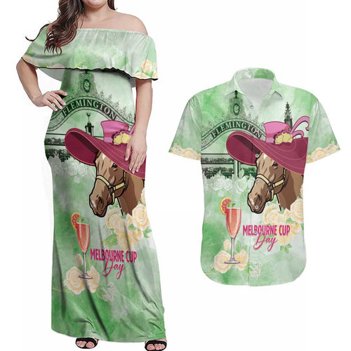 Australia Cup Melbourne Horse Racing Couples Matching Off Shoulder Maxi Dress and Hawaiian Shirt Hats Heels & Horseshoes Yellow Roses - Aussie Hoodie