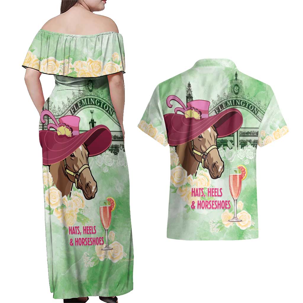 Australia Cup Melbourne Horse Racing Couples Matching Off Shoulder Maxi Dress and Hawaiian Shirt Hats Heels & Horseshoes Yellow Roses - Aussie Hoodie
