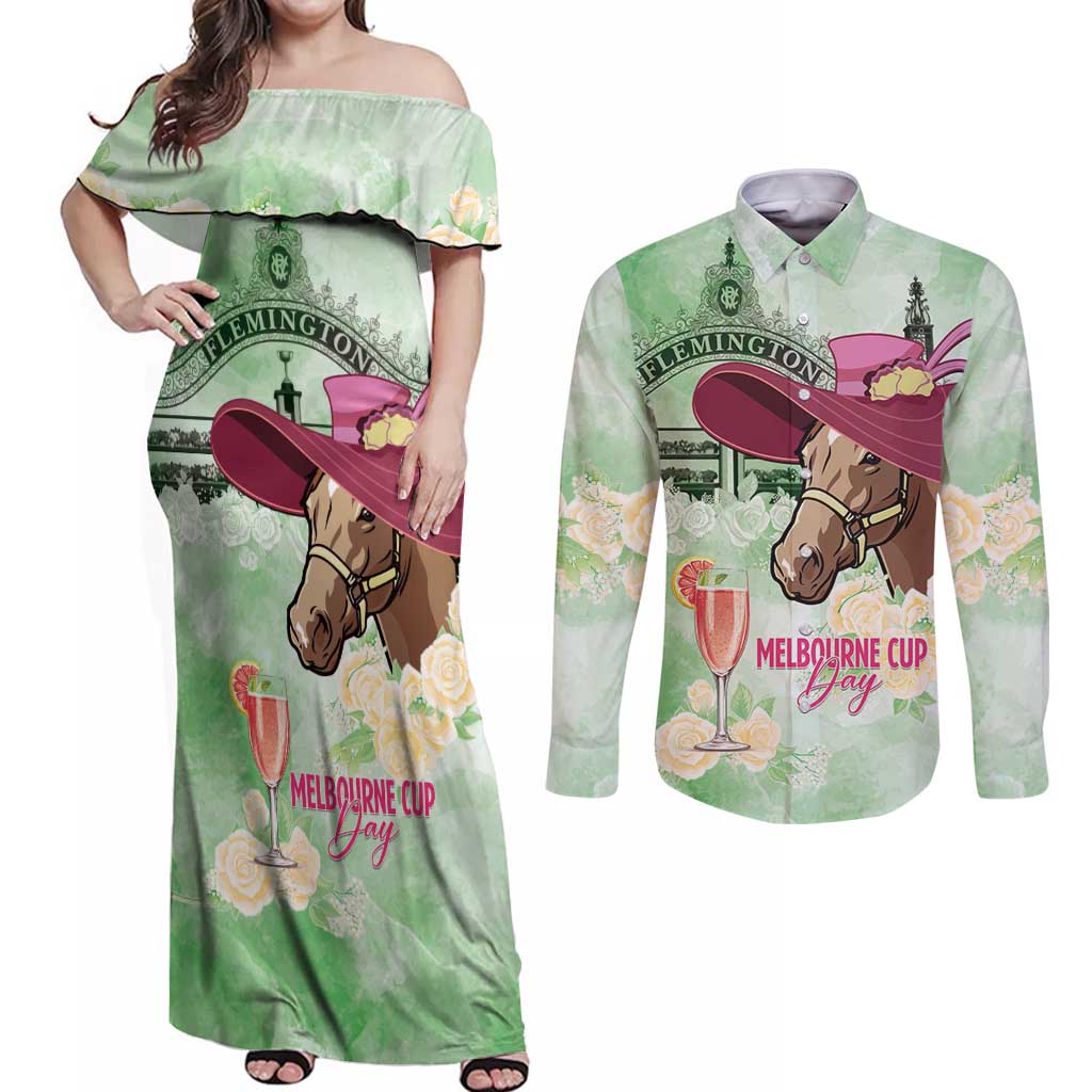 Australia Cup Melbourne Horse Racing Couples Matching Off Shoulder Maxi Dress and Long Sleeve Button Shirt Hats Heels & Horseshoes Yellow Roses - Aussie Hoodie