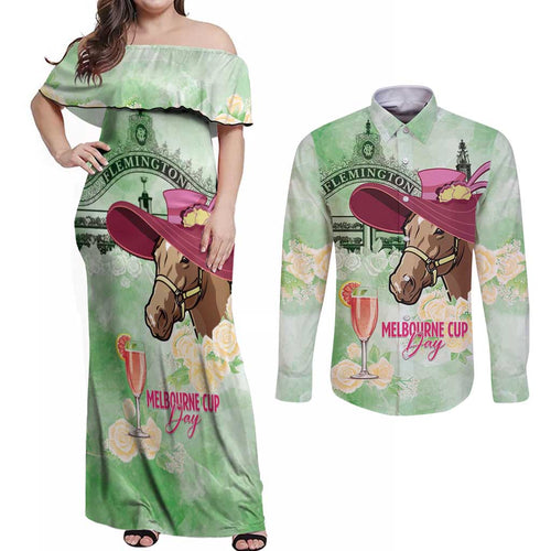 Australia Cup Melbourne Horse Racing Couples Matching Off Shoulder Maxi Dress and Long Sleeve Button Shirt Hats Heels & Horseshoes Yellow Roses - Aussie Hoodie