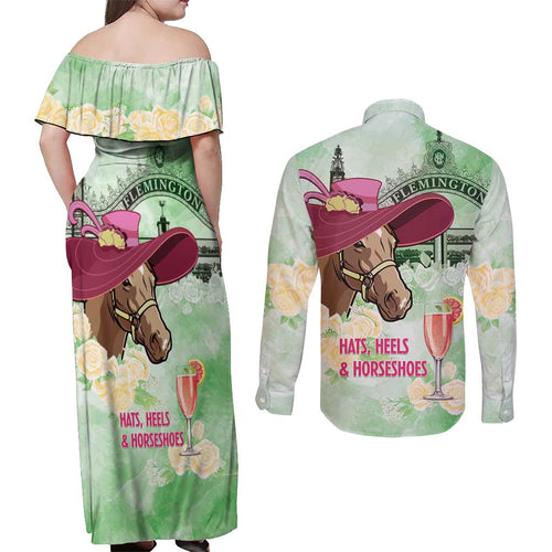 Australia Cup Melbourne Horse Racing Couples Matching Off Shoulder Maxi Dress and Long Sleeve Button Shirt Hats Heels & Horseshoes Yellow Roses - Aussie Hoodie
