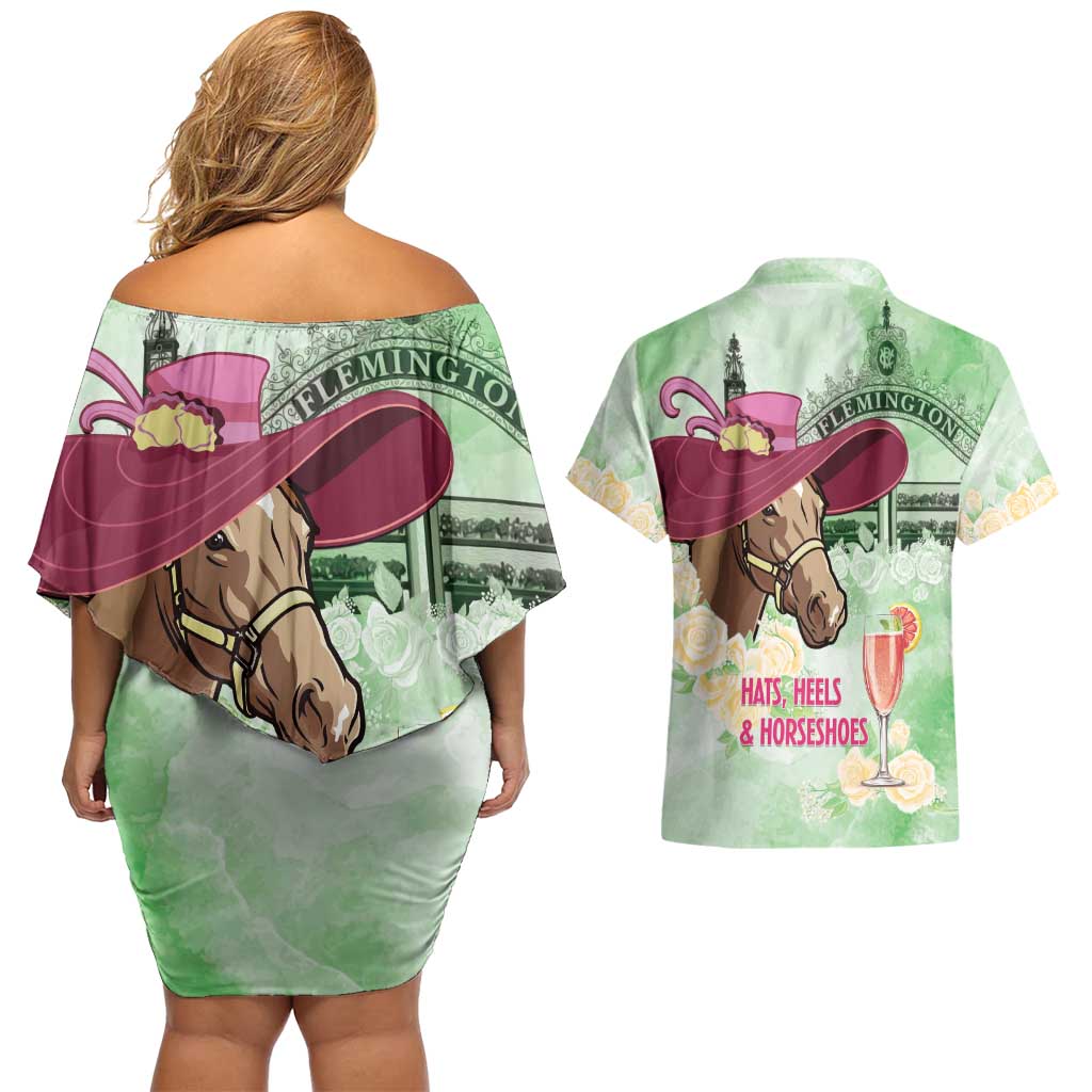 Australia Cup Melbourne Horse Racing Couples Matching Off Shoulder Short Dress and Hawaiian Shirt Hats Heels & Horseshoes Yellow Roses - Aussie Hoodie