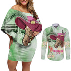 Australia Cup Melbourne Horse Racing Couples Matching Off Shoulder Short Dress and Long Sleeve Button Shirt Hats Heels & Horseshoes Yellow Roses - Aussie Hoodie