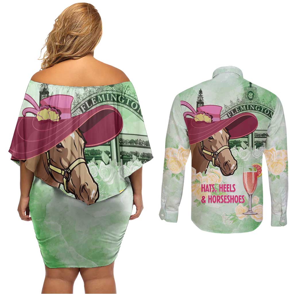 Australia Cup Melbourne Horse Racing Couples Matching Off Shoulder Short Dress and Long Sleeve Button Shirt Hats Heels & Horseshoes Yellow Roses - Aussie Hoodie