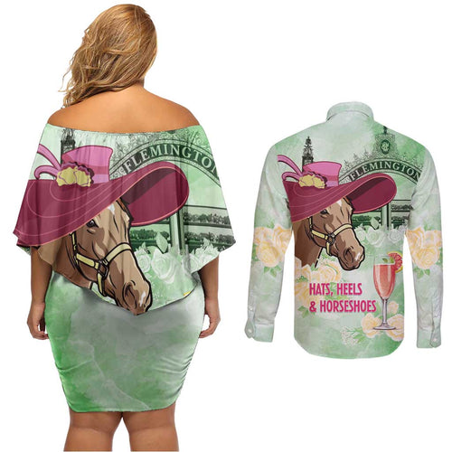 Australia Cup Melbourne Horse Racing Couples Matching Off Shoulder Short Dress and Long Sleeve Button Shirt Hats Heels & Horseshoes Yellow Roses - Aussie Hoodie