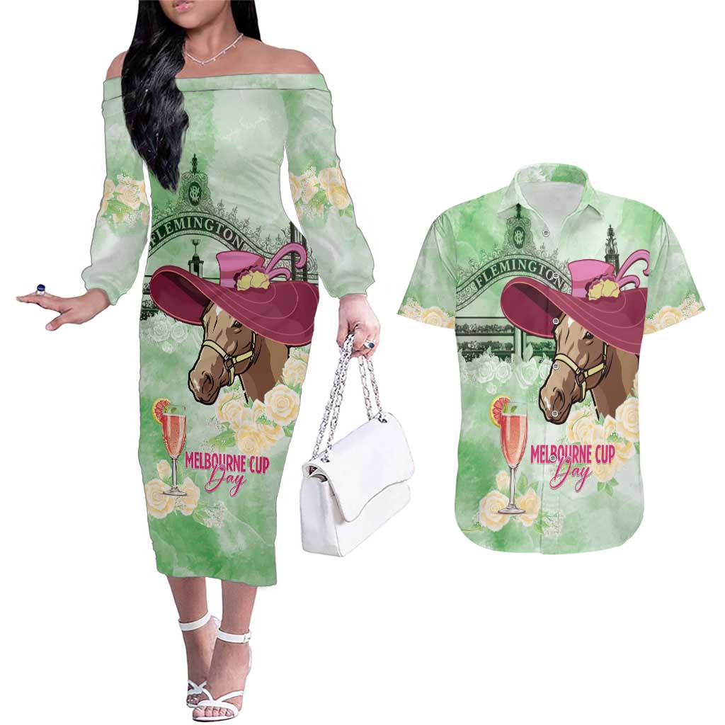 Australia Cup Melbourne Horse Racing Couples Matching Off The Shoulder Long Sleeve Dress and Hawaiian Shirt Hats Heels & Horseshoes Yellow Roses - Aussie Hoodie