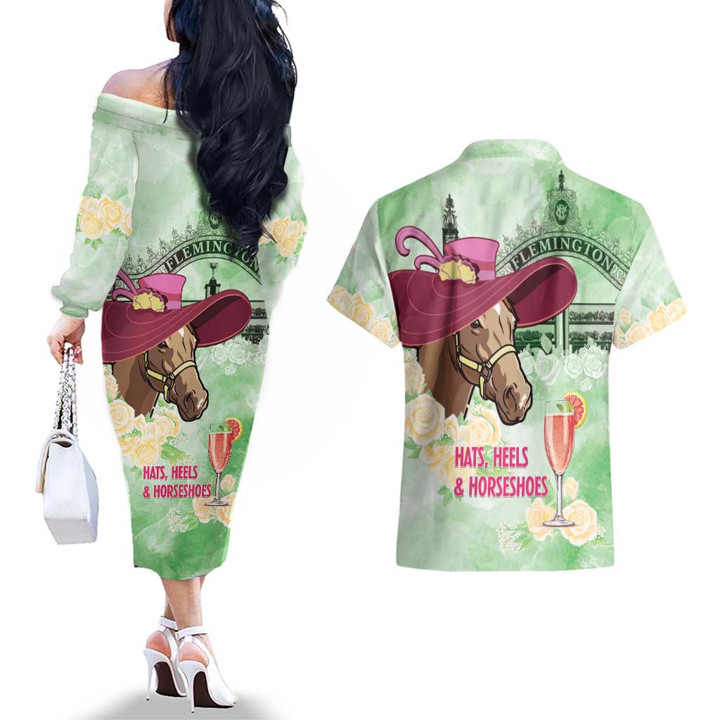 Australia Cup Melbourne Horse Racing Couples Matching Off The Shoulder Long Sleeve Dress and Hawaiian Shirt Hats Heels & Horseshoes Yellow Roses - Aussie Hoodie