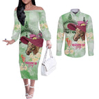 Australia Cup Melbourne Horse Racing Couples Matching Off The Shoulder Long Sleeve Dress and Long Sleeve Button Shirt Hats Heels & Horseshoes Yellow Roses - Aussie Hoodie