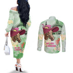 Australia Cup Melbourne Horse Racing Couples Matching Off The Shoulder Long Sleeve Dress and Long Sleeve Button Shirt Hats Heels & Horseshoes Yellow Roses - Aussie Hoodie