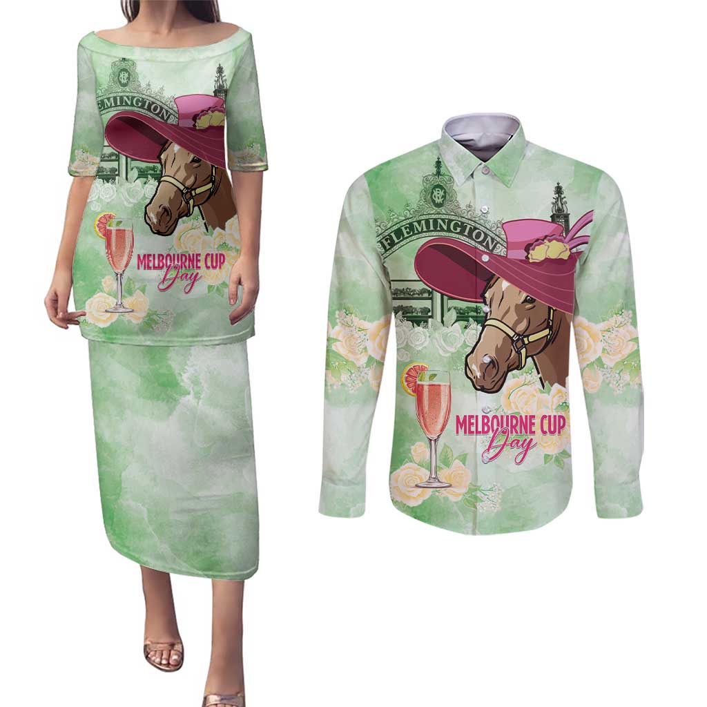 Australia Cup Melbourne Horse Racing Couples Matching Puletasi and Long Sleeve Button Shirt Hats Heels & Horseshoes Yellow Roses - Aussie Hoodie